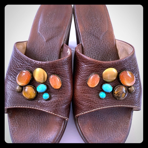 HushPuppies brown soft real leather platform wedges sandals turqoise stones US 9 - Picture 3 of 8